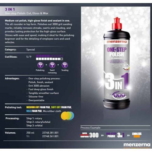 Menzerna One-Step Polish 3in1 Pasta + Hare Giderici + Cila 250 ml