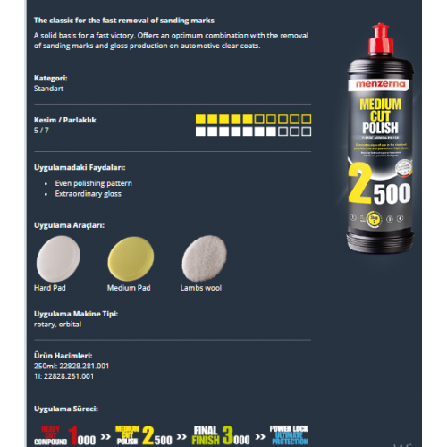 Menzerna 2500 Power Finish Orta ve İnce Çizik Giderici Pasta 250 ml