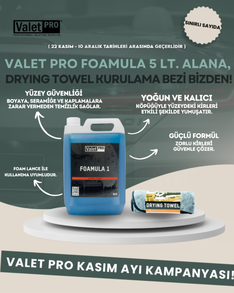 Valet Pro Foamula 1 Ph Nötr Yıkama Köpüğü 5lt Alana Drying Towel Grey Gri Kurulama Bezi Hediye