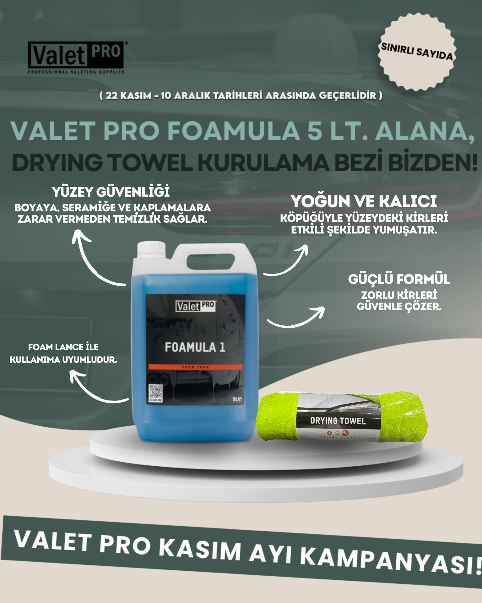 Valet Pro Foamula 1 Ph Nötr Yıkama Köpüğü 5lt Alana Drying Towel Kurulama Bezi Hediye