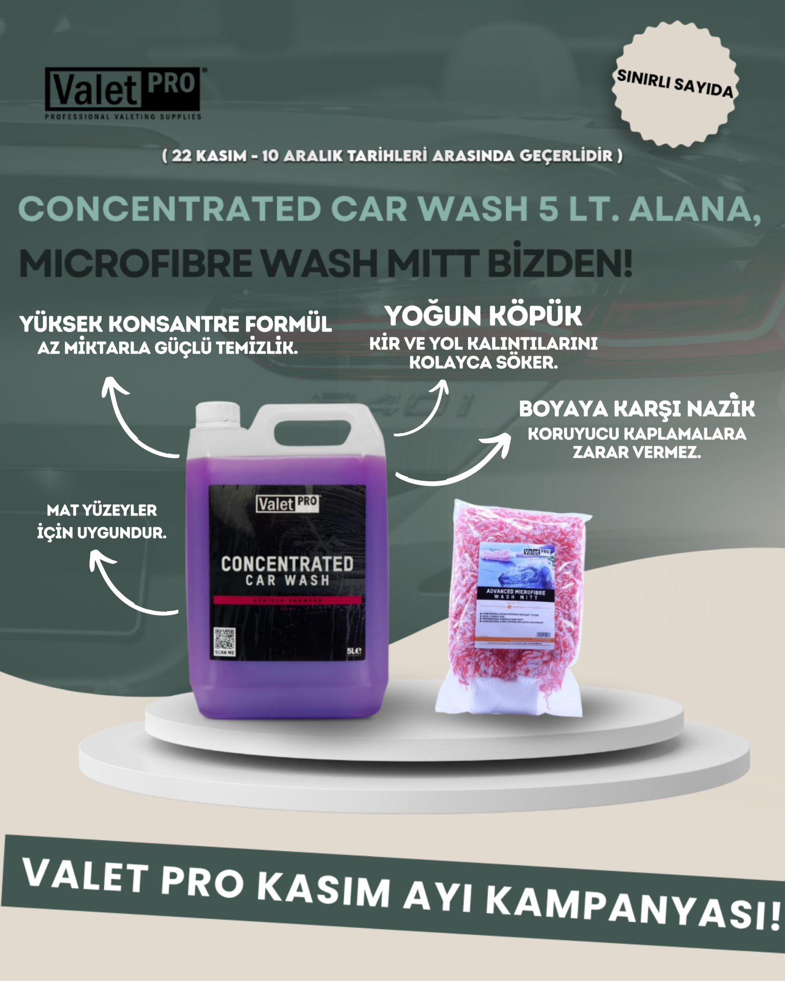 Valet Pro Concentrated Car Wash 5lt. Şampuan Alana Wash Mitt Yıkama Eldiveni Hediye