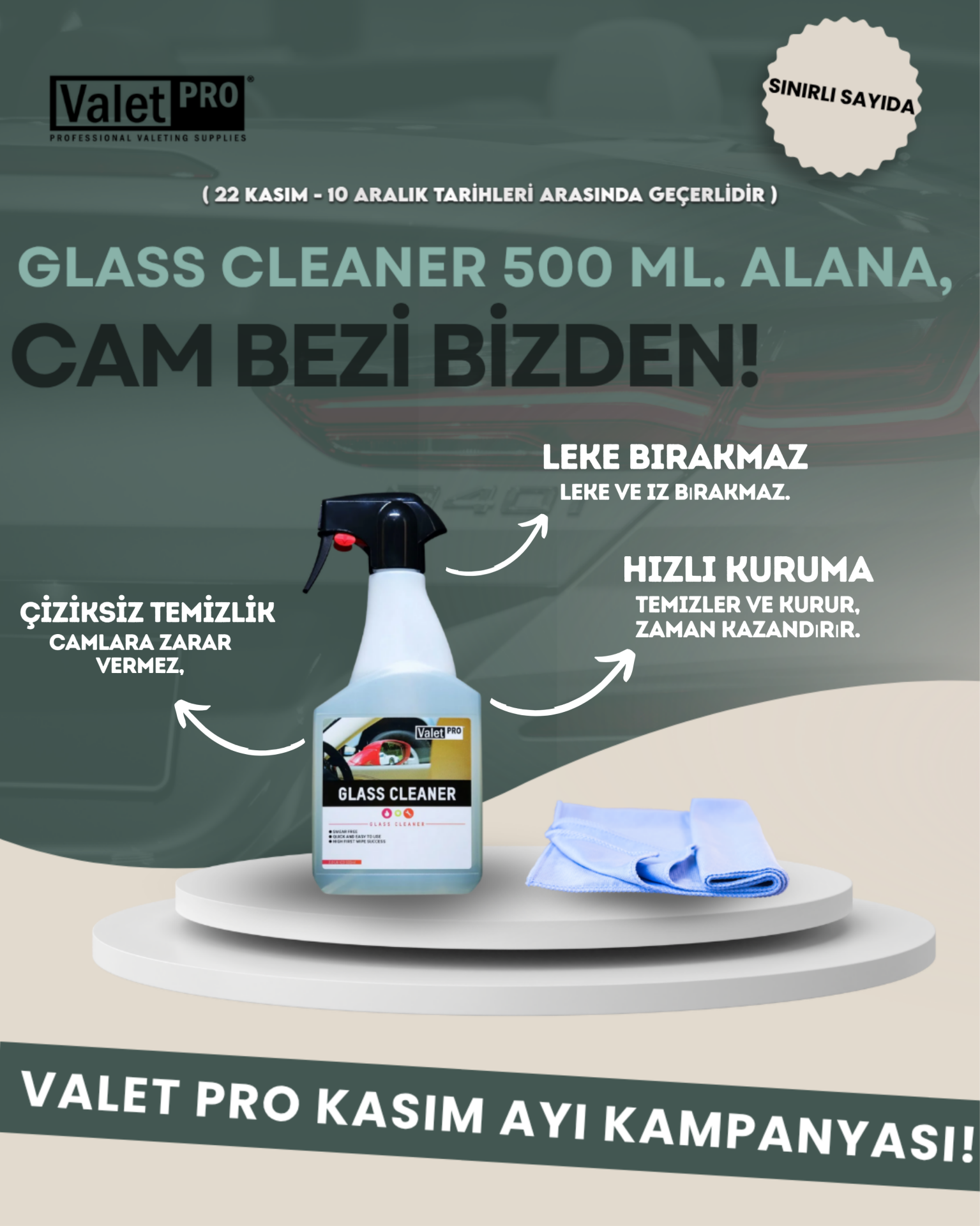 Valet Pro Cam Temizleme Glass Cleaner 500 ml. Alana Glass Cloth Cam Bezi Hediye